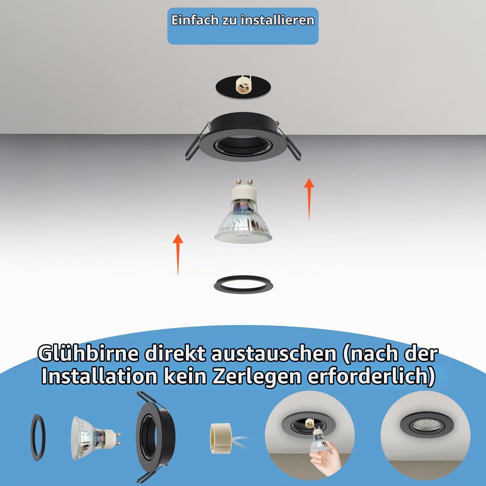 12er Einbaustrahler Rahmen Schwenkbar mit GU10 Fassung, Schwarz Einbaurahmen Aluminium Deckenspots, Rund Flach LED Spots Einbauspots Einbaustrahler 68mm lochmass für Decke 60-75mm 230V