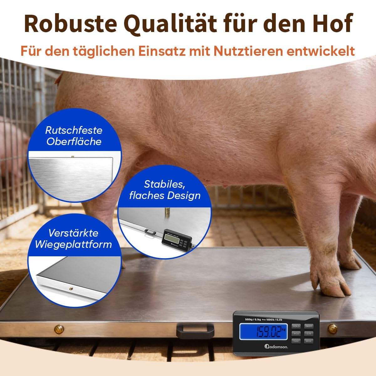 Adamson Tierwaage 500 kg – Digitale Plattformwaage & Hundewaage für große Hunde, Schafe, Ziegen & Schweine – Präzise Viehwaage mit Tare, Hold & PCS – Batteriebetrieb oder Netzteil