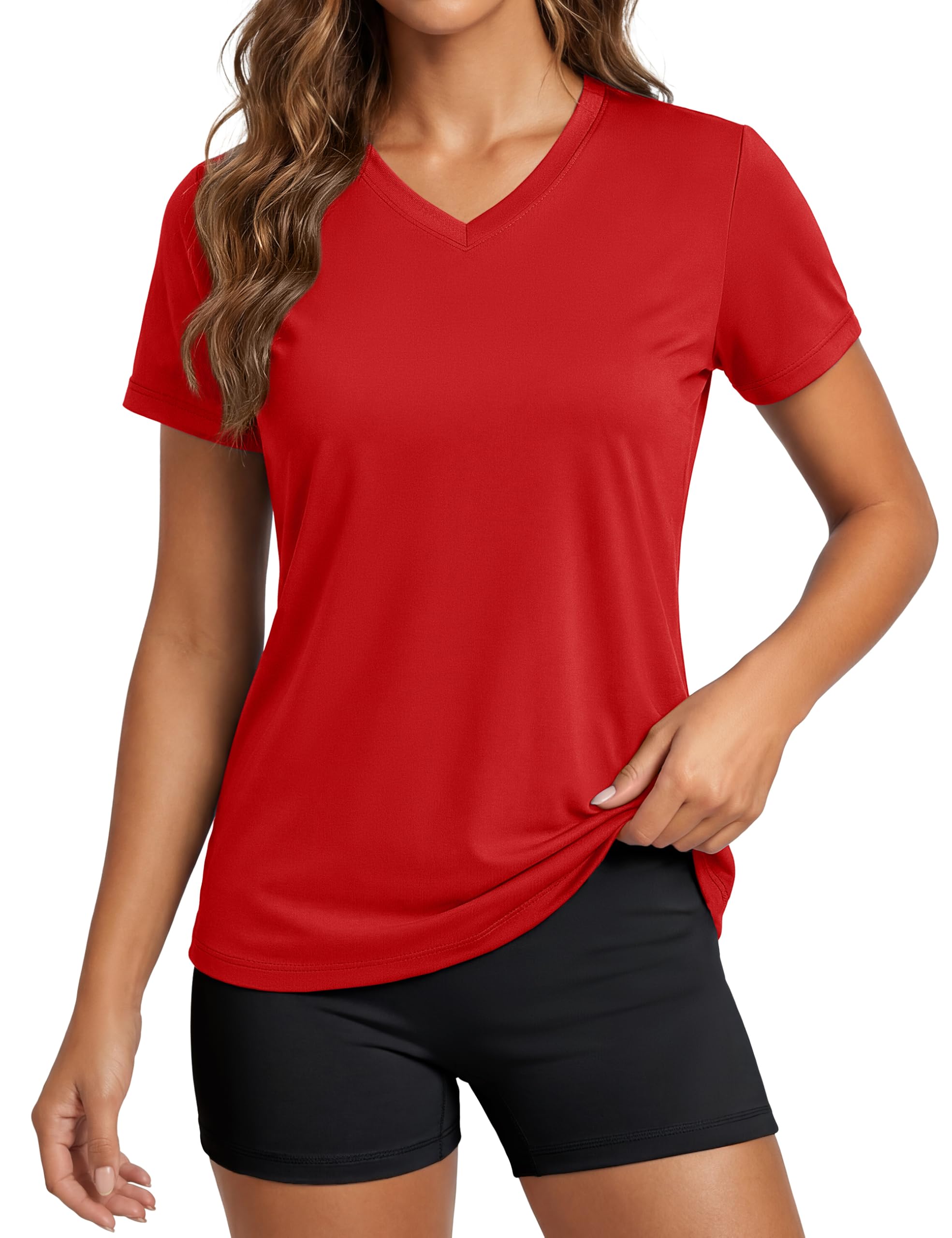 Photo 1 of ** color is green** MAGCOMSEN Womens T Shirts V Neck Exercise Top Moisture Wicking UPF 50+ UV Protection Workout Athletic Shirt Tomato Red S
