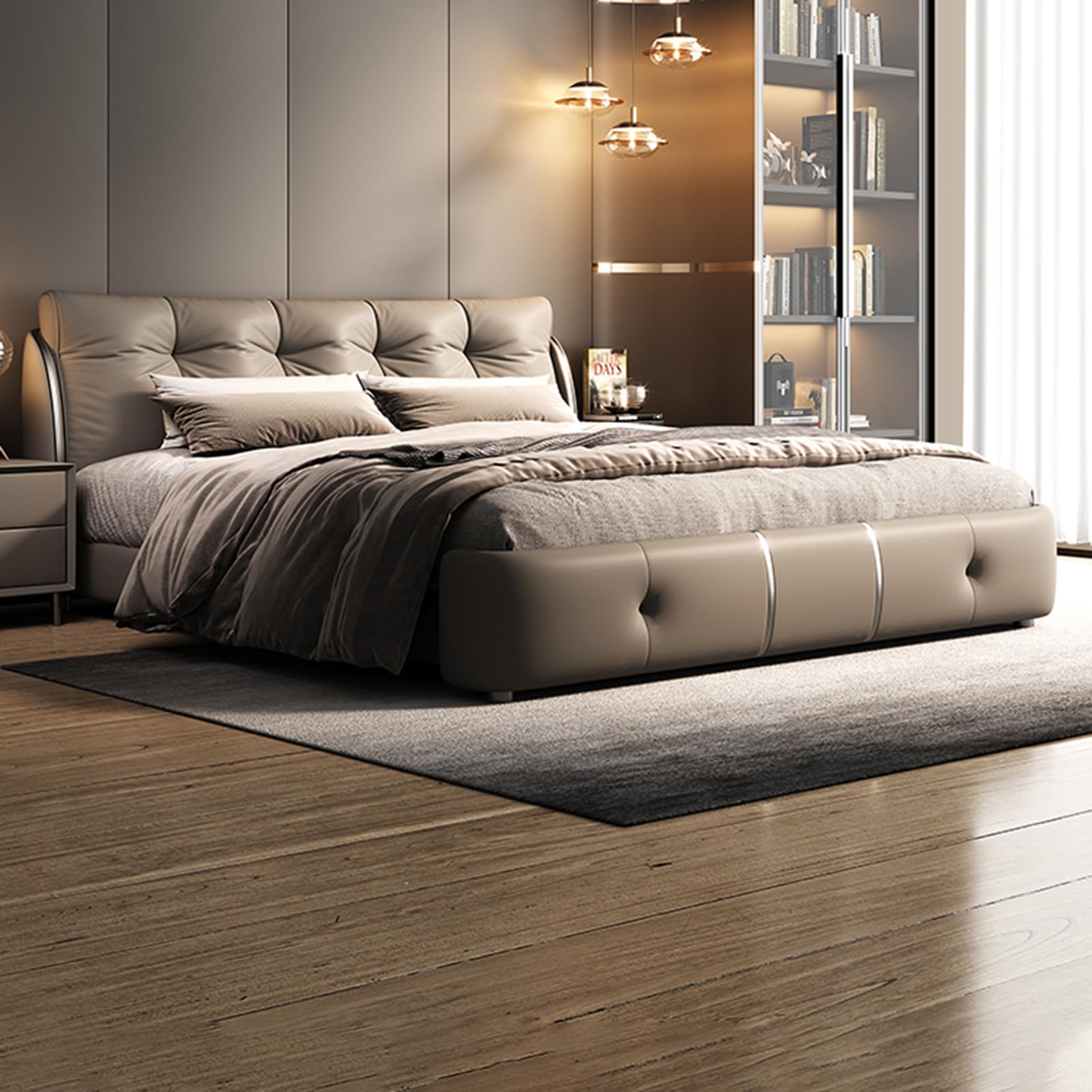 King Size Genuine Leather Wood Bed Upholstered Platform Bed Frame with Headboard and Lift Up Storage Wooden Slats