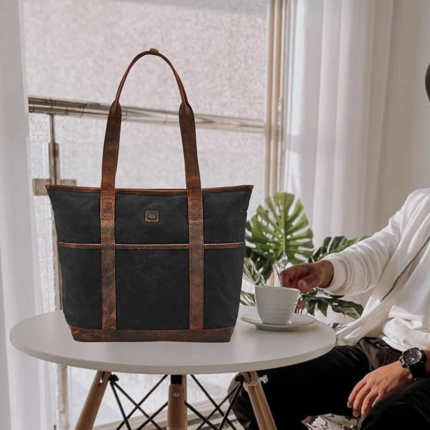 Tote Bag for Women Real Leather Shoulder Handbag Organizer Water Repellent Waxed Canvas - Image 2