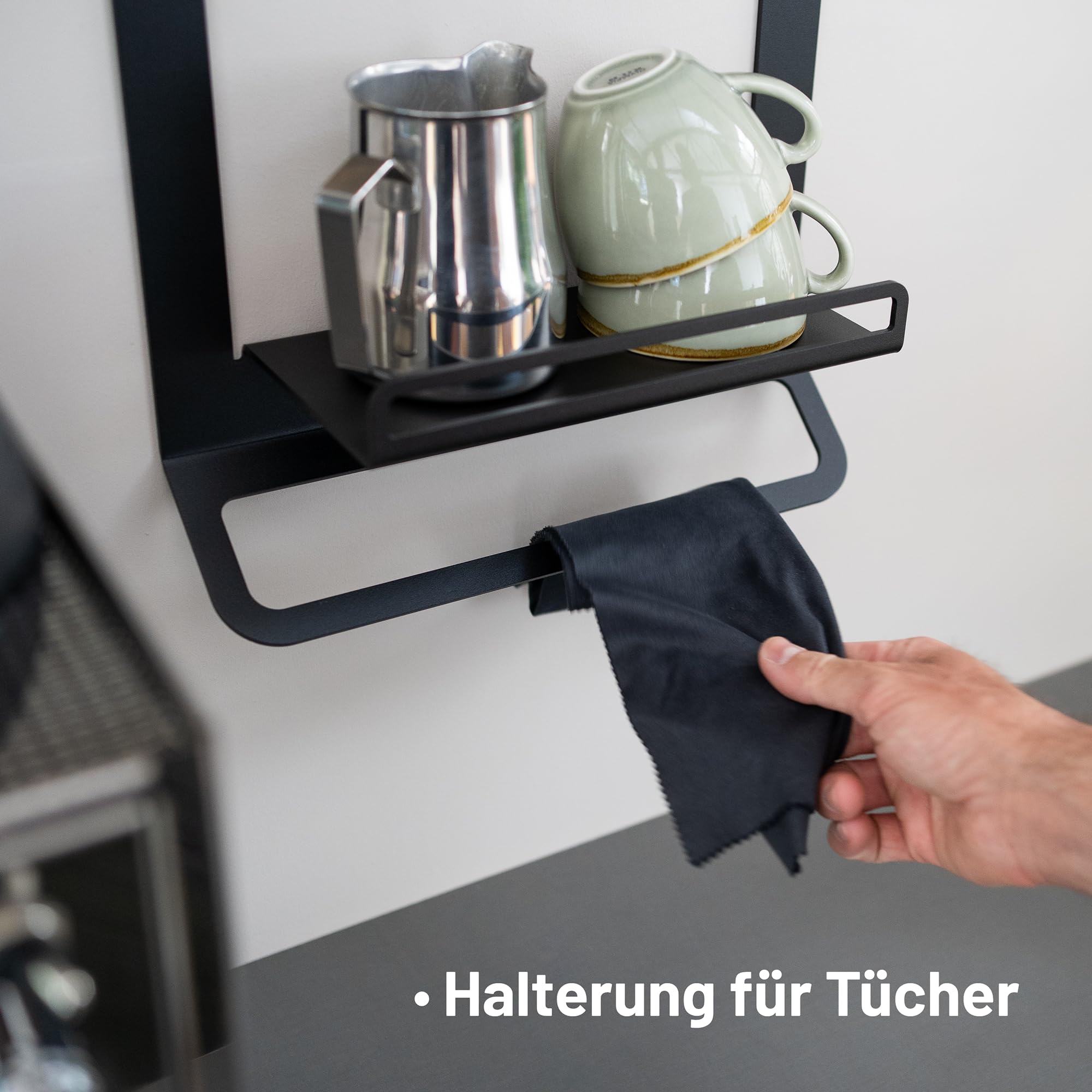 FLATE Barista Regal für Siebträger, Tamper und Barista Zubehör in schwarz (Wandhalterung für Kaffeezubehör)