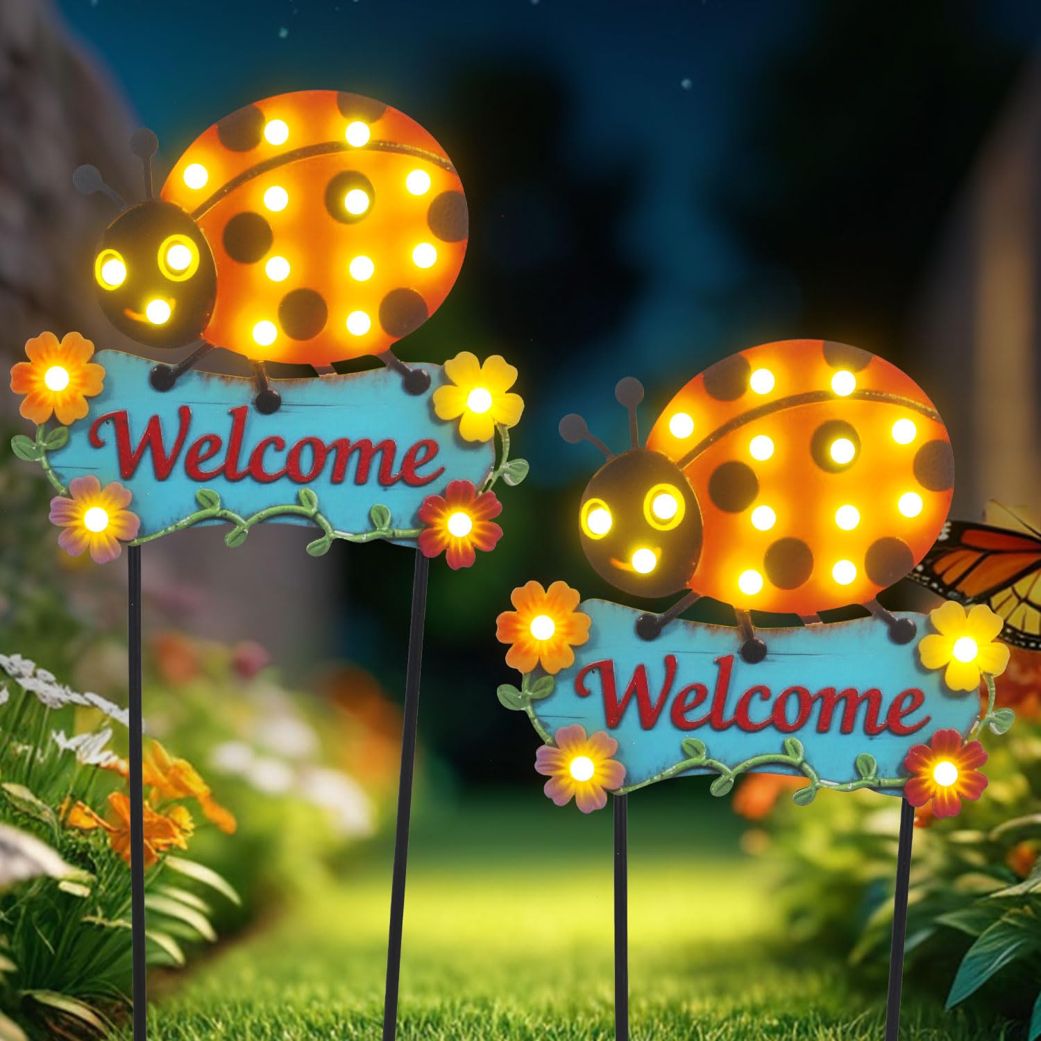 Piquets de jardin décoratifs de 110 cm avec grand panneau de bienvenue en métal, lampes solaires d'extérieur étanches avec 18 ampoules pour décoration de printemps et d'été, décoration de