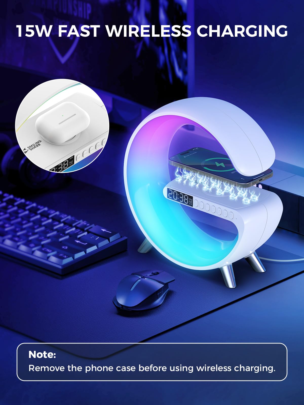 Smiling Shark Intelligente LED Sveglia Luce, Lampada Sveglia Atmosfera con Altoparlante Bluetooth & Ricarica Senza Fili Controllo App Dimmerabile Smart Wake Up Light per Casa Decorazione Regalo