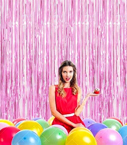 Miniatura 3 de 2 cortinas de flecos de papel de oropel metálico rosa brillante de 3.2 x 8.2 pies, telón de fondo rosa para cabina de fotos, telón de fondo rosa