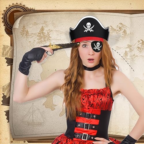Miniatura 3 de Juego clásico de 108 piezas de sombrero pirata de fieltro con sombreros impresos de calavera y parches para los ojos para disfraces de Halloween y