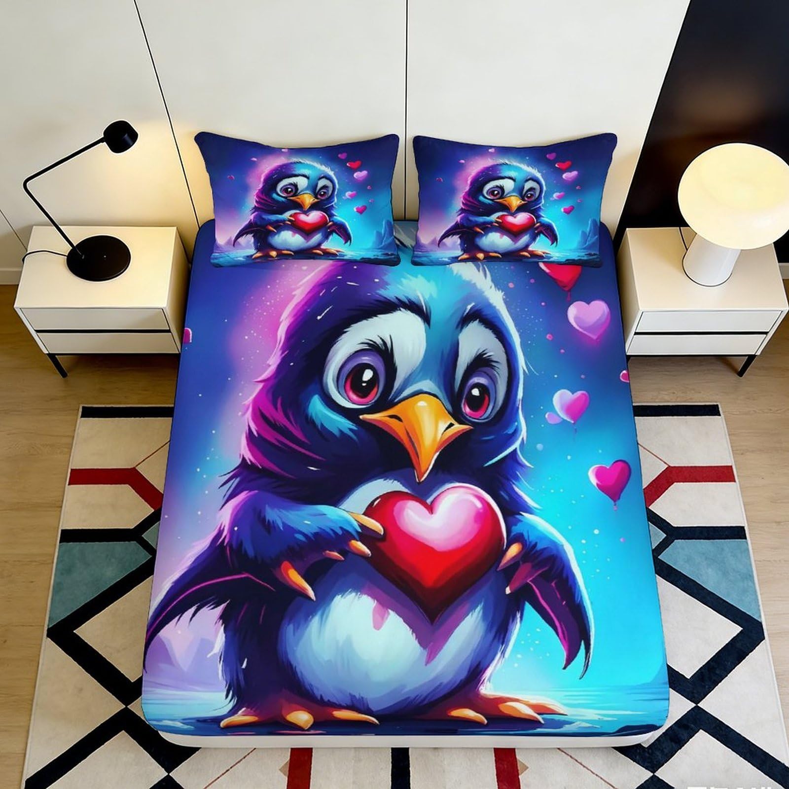 3D Printed Cute Penguin Fitted Sheet Microfiber Deep Pocket Bedding Non-Slip Penguin Mattress Fitted Cover Washable Full Wrap for Adults Teens 140x200x25cm