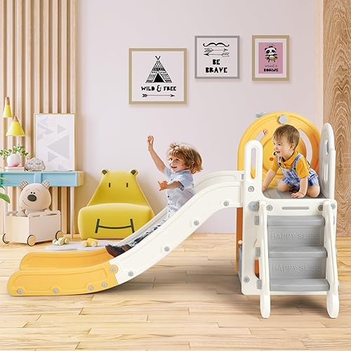 Miniatura 8 de JOYLDIAS Tobogán independiente 5 en 1 para niños pequeños, en forma de L, con aro de baloncesto y pelota, escalón antideslizante y espacio de
