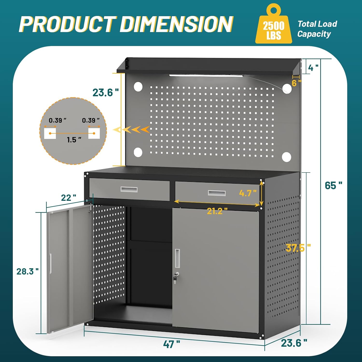 65" Heavy Duty Workbench with Drawers and Lockable Storage Cabinet- 2500 LBS Capacity Work Bench with Pegboard,Work Table with Adjustable LED Light for Garage,Workshop and Repair Shop