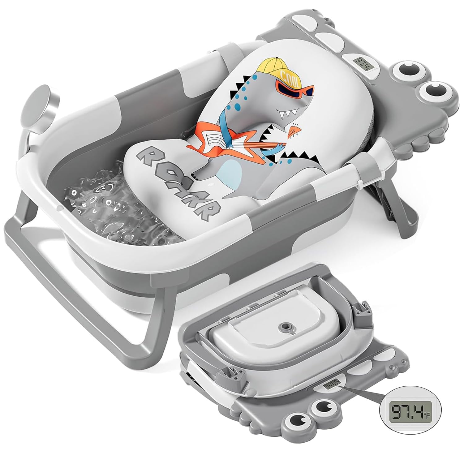 TPN Collapsible Baby Bathtub with Soft Cushion and Thermometer, Portable Infant to Toddler Tub (0-36 Months) - Grey