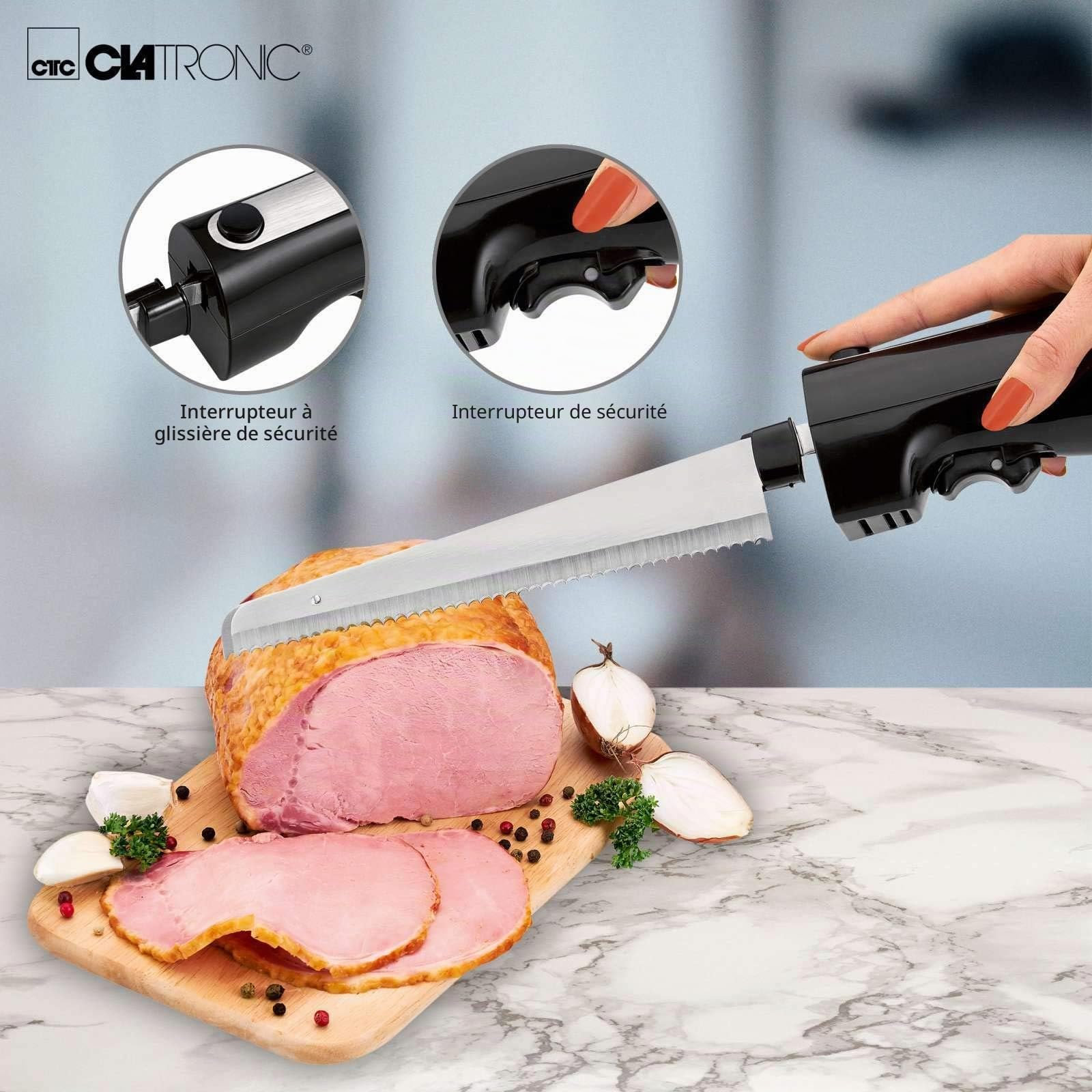 Couteau électrique de cuisine pour viande, couteau électrique pour aliments congelés (lame en acier inoxydable, lame dentée, couteau à pain, 120 W, noir)
