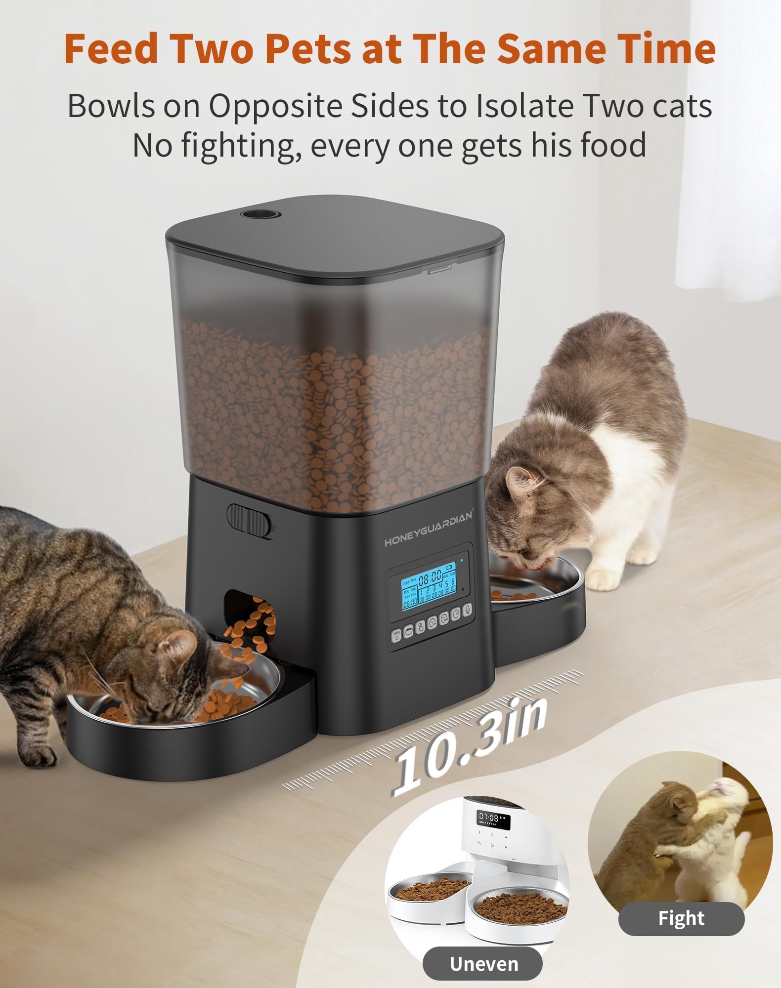 HoneyGuaridan Distributore Automatico Cibo Gatti Doppio, 2 Scivoli Separati per la consegna del Cibo, 3.5L Dispenser Crocchette Gatto con Timer, 1-6 Pasti/Giorno, Sigillato per mantenerlo fresco