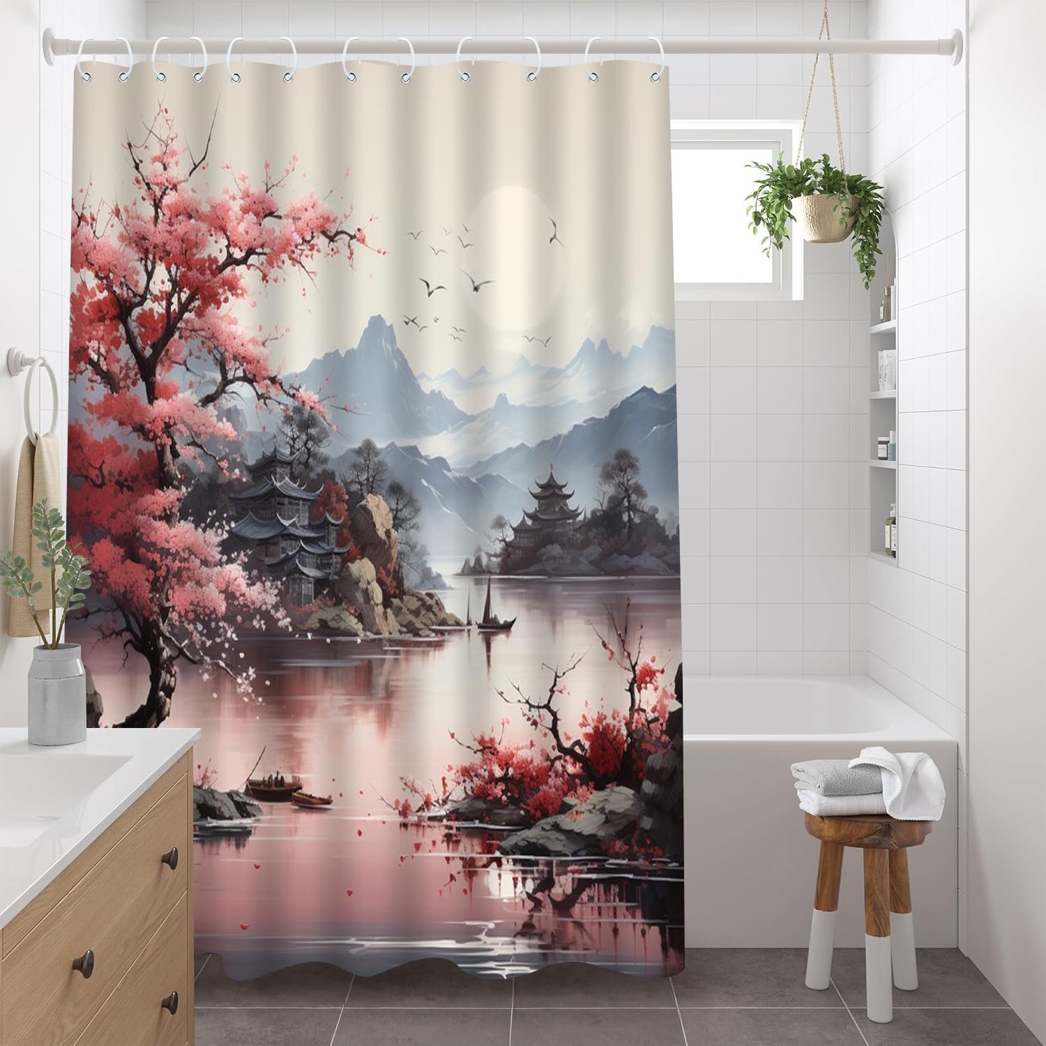 Oil Painting Shower Curtain Cherry Blossom Flower Asian Scenic Rustic Floral Spring Farmhouse Lakes Japanese Chinese Style Bathroom Decor Curtains Set with Hooks70Wx70H Inch