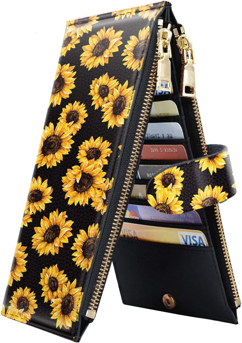 Womens RFID Blocking Large Capacity Wallet Multi Card Organizer Bifold Wallet for Women with Zipper Pocket, Sunflower, Large, Casual