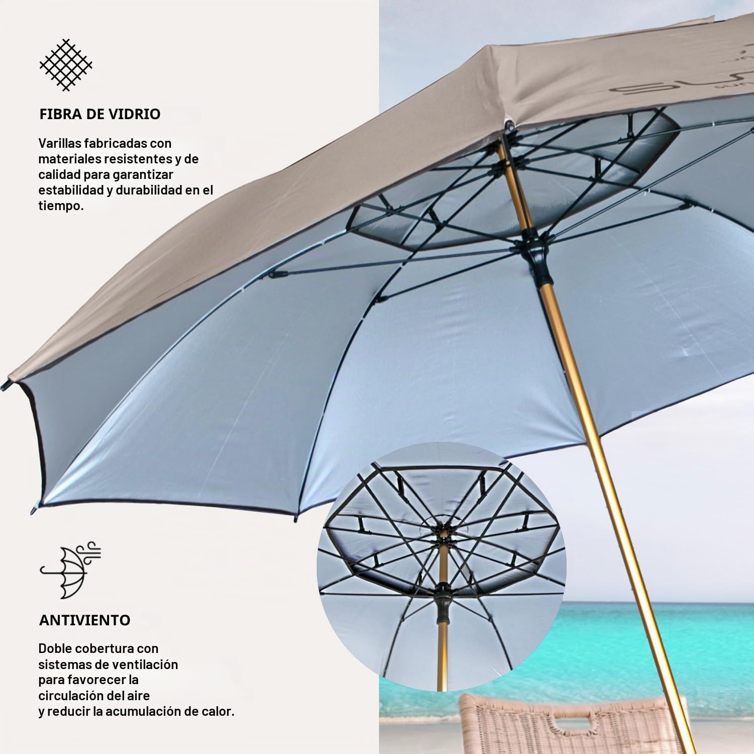 PERLETTI Sombrilla Playa Grande Antiviento Plegable - Parasol Jardin Proteccion UV con Soporte Diseño Moderno - Sombrilla Terraza Exterior Inclinable con Funda Transporte Ligero - Diámetro 165 cm