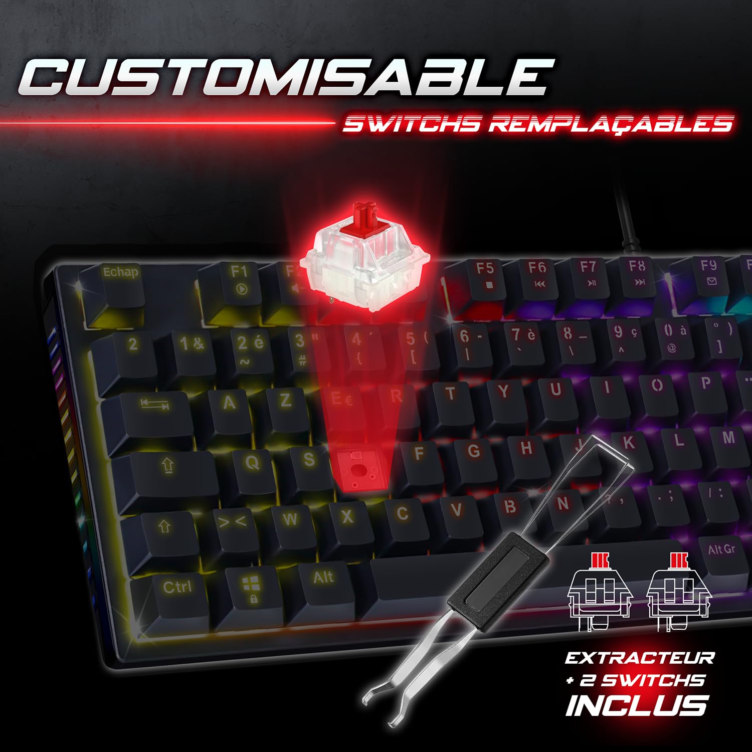 Spirit Of Gamer XPERT K250, teclado mecánico AZERTY Swtich rojo, 17 modos de retroiluminación RGB, tecnología N-Key Rollover de 26 teclas antighosting, conexión por cable, 2 interruptores incluidos,