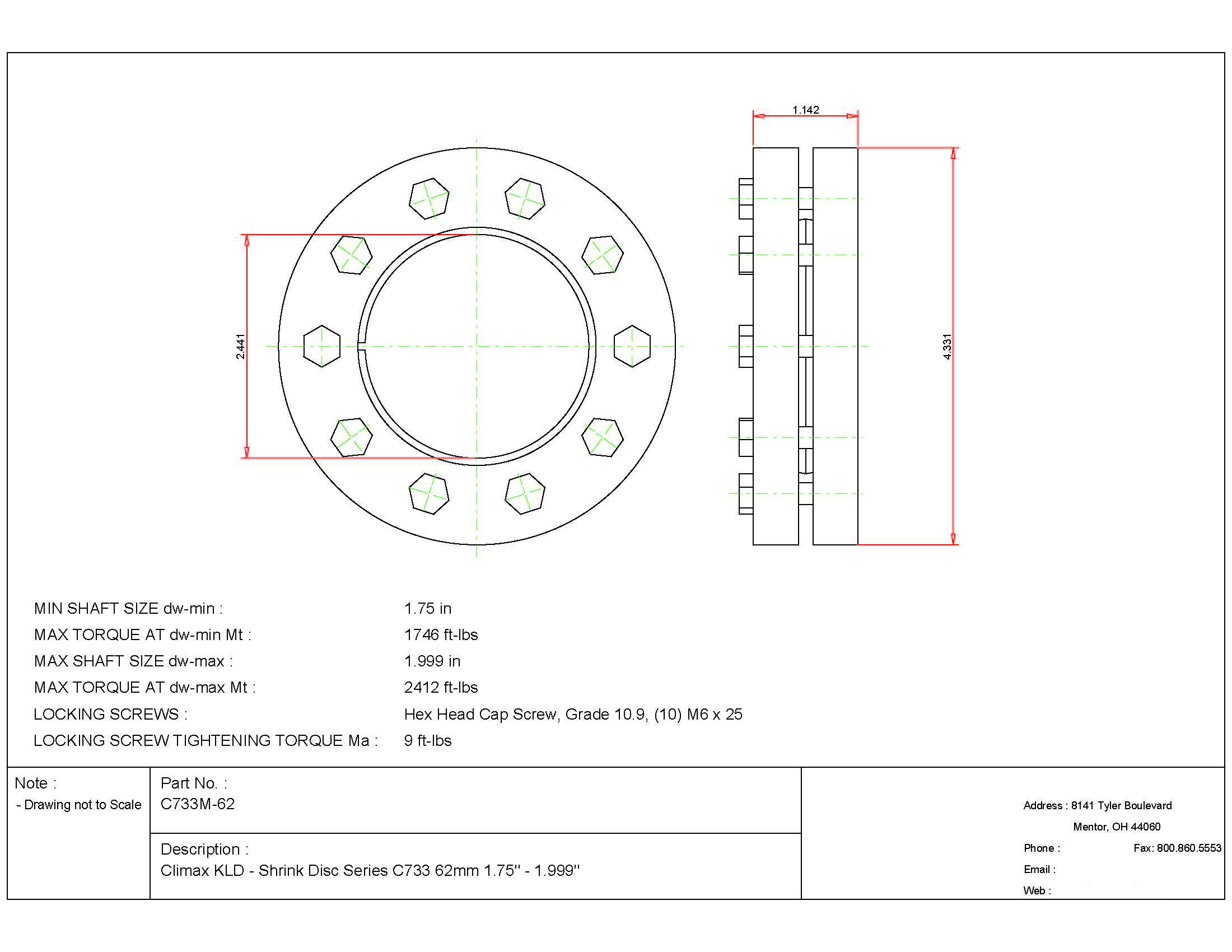 Climax Metals C733M-62 Shrink Disc, Standard Duty, Steel with Zinc Plated Outer Rings, 62 mm Diameter Bore, 2.44