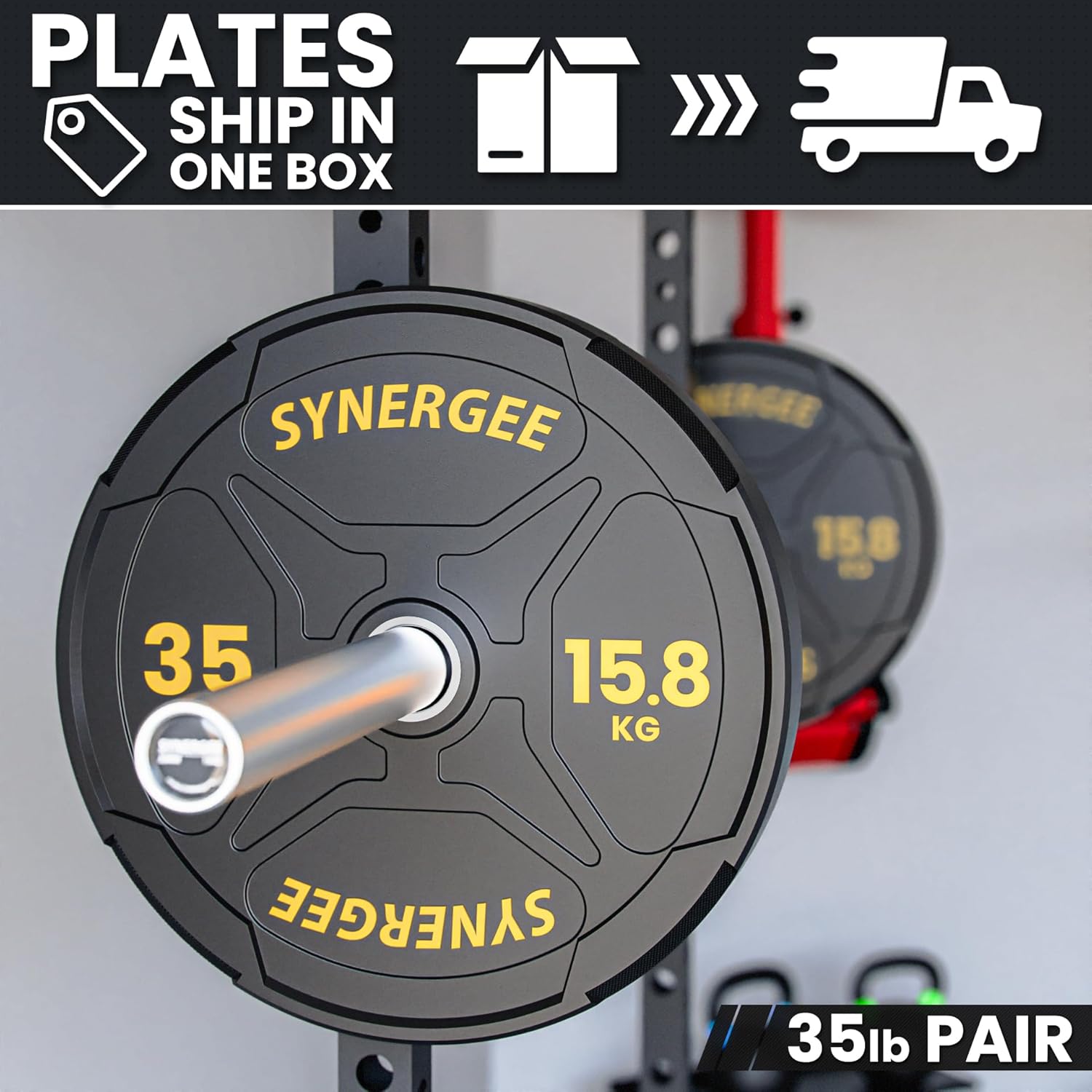 Synergee Bumper Plates – Durable Olympic Weight Plates, Low-Bounce Rubber for Strength Training, Powerlifting, and Functional Workouts.