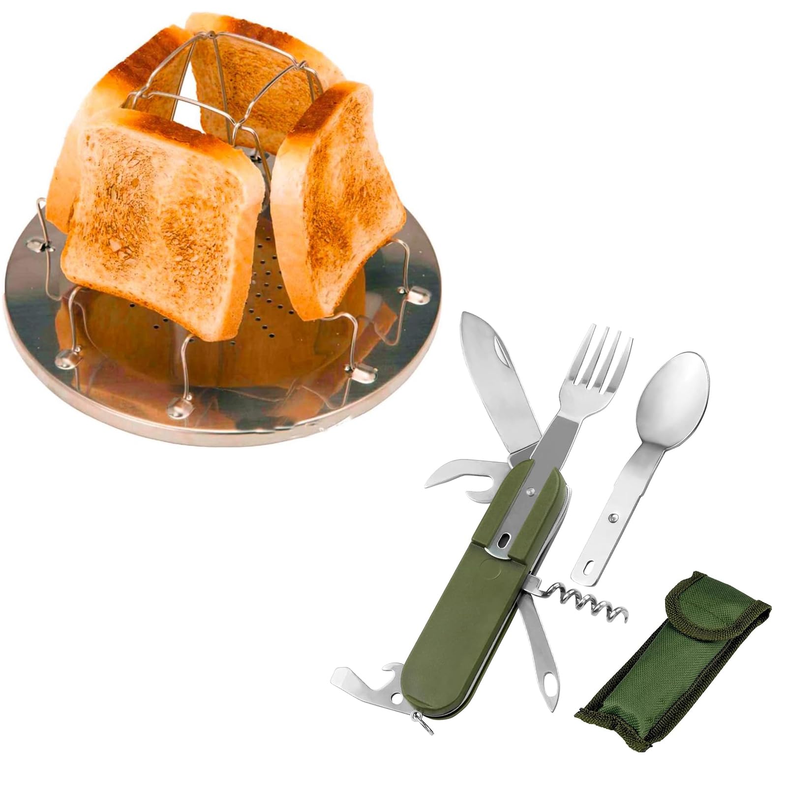 Folding Camp Stove Toaster & 7-in-1 Utensil Set – Portable Stainless Steel 4-Slice Toaster Rack, Fork, Spoon, Knife for Camping, Hiking, BBQ, Fishing, Picnics, Outdoor Cooking, and Survival Kit