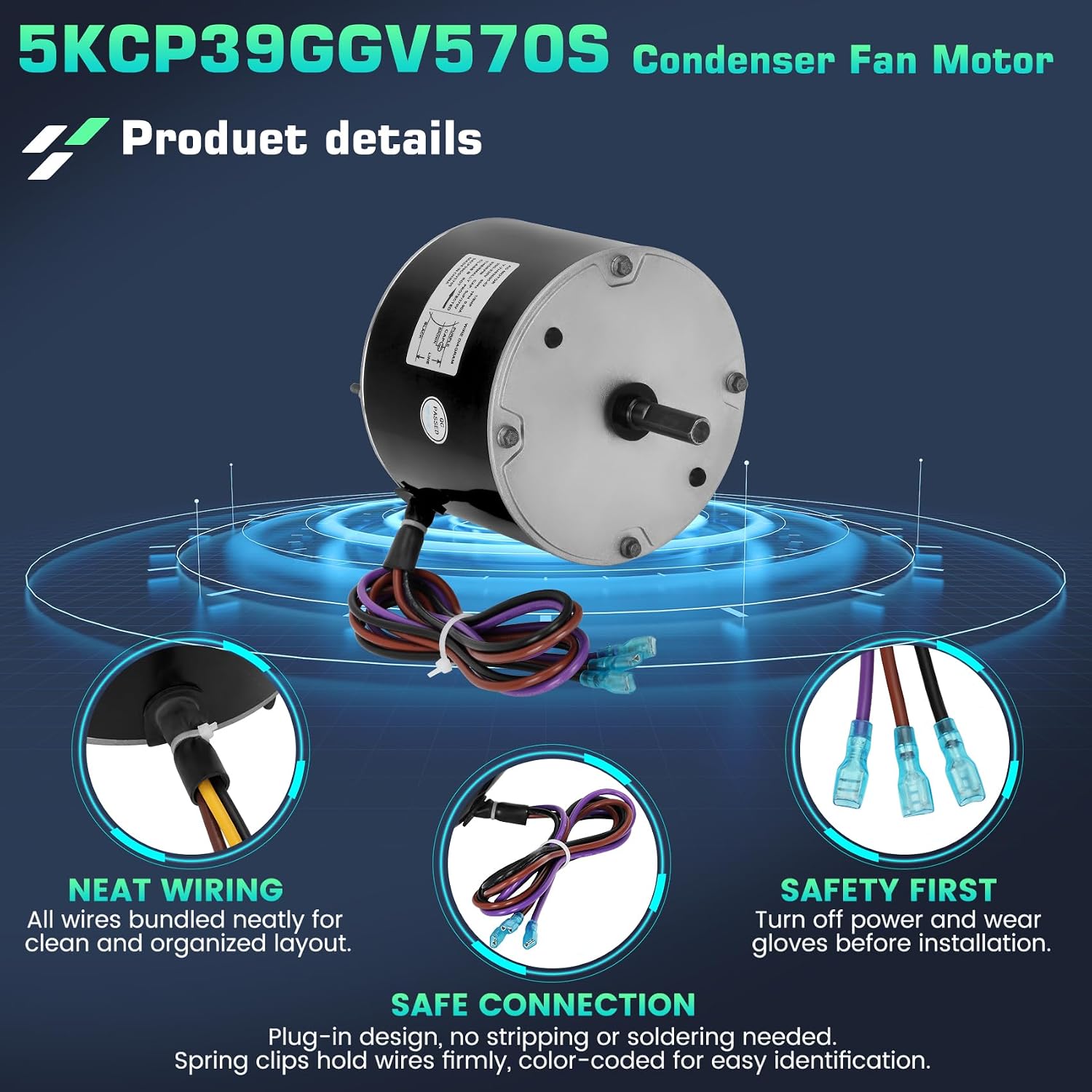 5KCP39GGV570S Condenser Fan Motor with 5µF Capacitor, 1/8 HP 200-230V 825 RPM, 48Y Frame, Replacement for GE Genteq 5KCP39BGV440BS 5KCP39KFUA99S, Trane MOT18688 MOT12004 MOT12215