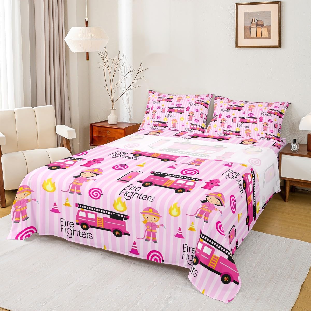 Girls Pink Fire Truck Bed Sheets Set Twin Firefighters Trucks Sheet Set Cartoon Cartoon Firemen Rescue Car Vehicle Fitted Sheet for Kids Car Bed Decor Rose Pink Stripes Flat Sheet 1 Pillow Case