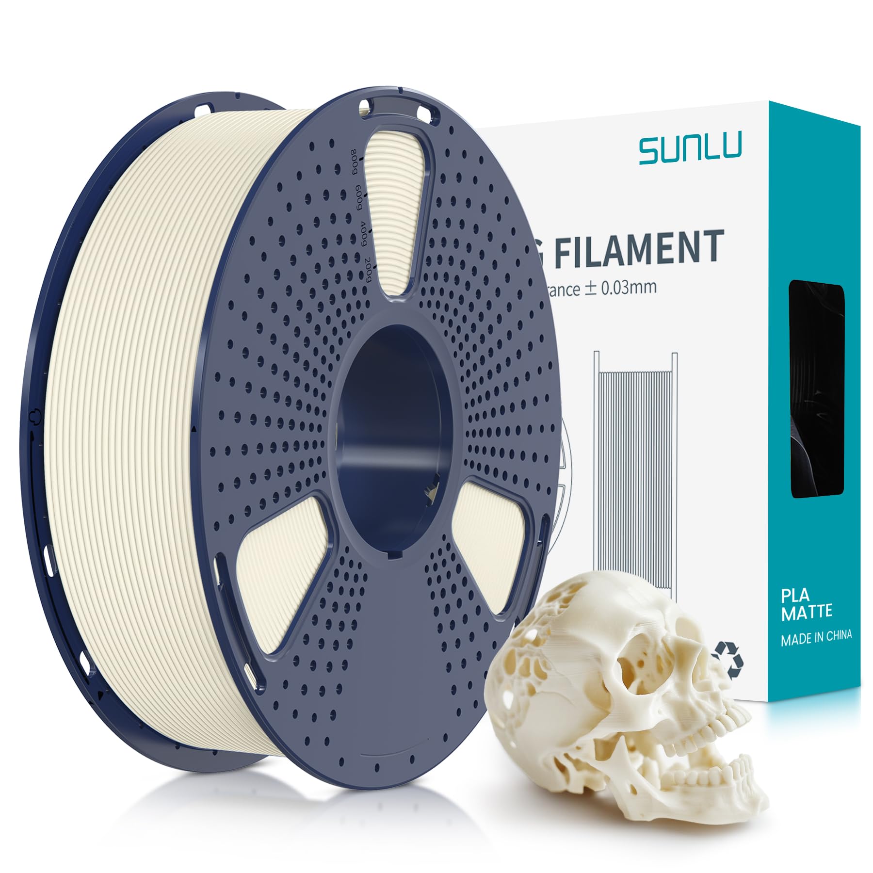 SUNLU Filamento PLA Opaco1.75 mm, Filamento per Stampante 3D con Superficie Opaca, Neatly Wound Filamento, Facile da Usare, 1KG Bobina di Filamento PLA per Stampanti FDM 3D, Matte Bianco d'osso