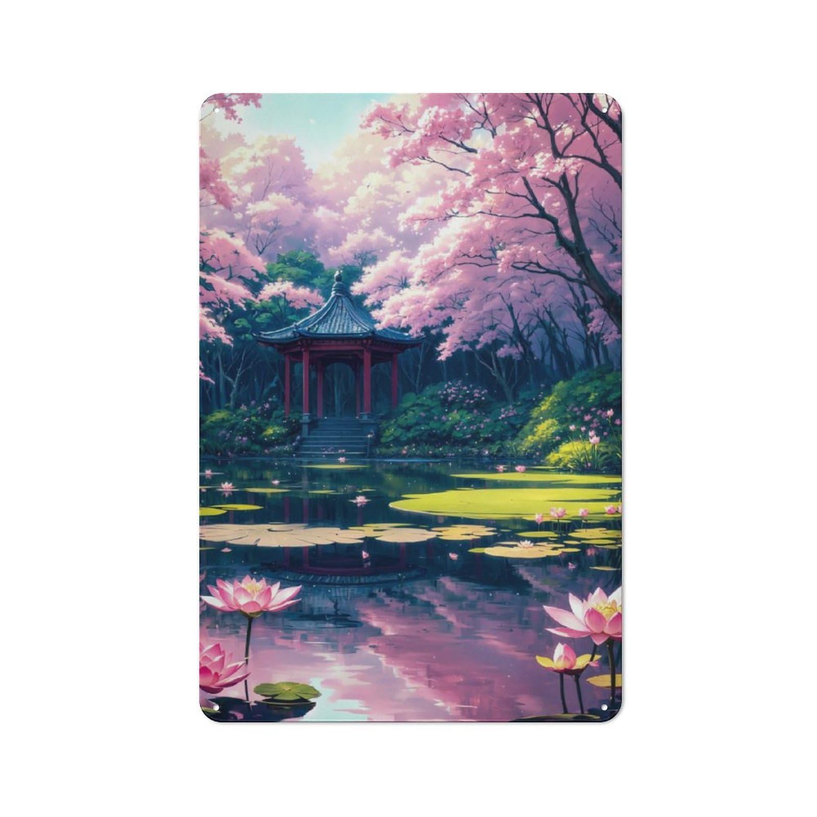 Junmoney Shrine Lotus Sakura Japan Metal Sign 30X20cm With For Home Bar Wall, Rustic Decor, For Vintage Wall Decor Fans, For Themed Room Decoration