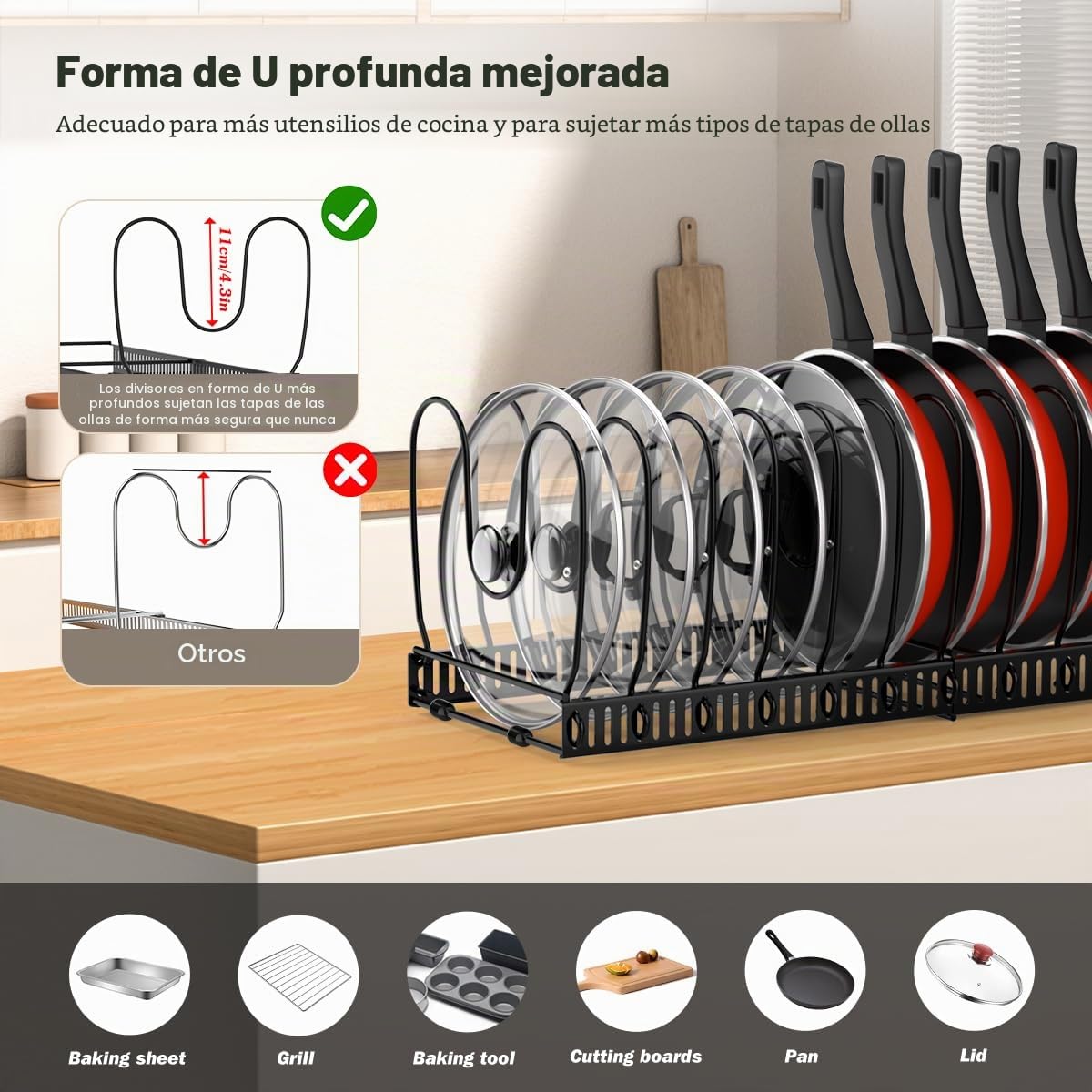 Housolution Organizador de Ollas y Sartenes, Extensible Organizador Tapas Ollas con 14 Compartimentos Ajustable, Soporte Tapas Ollas y Sartenes para Cocina, Negro