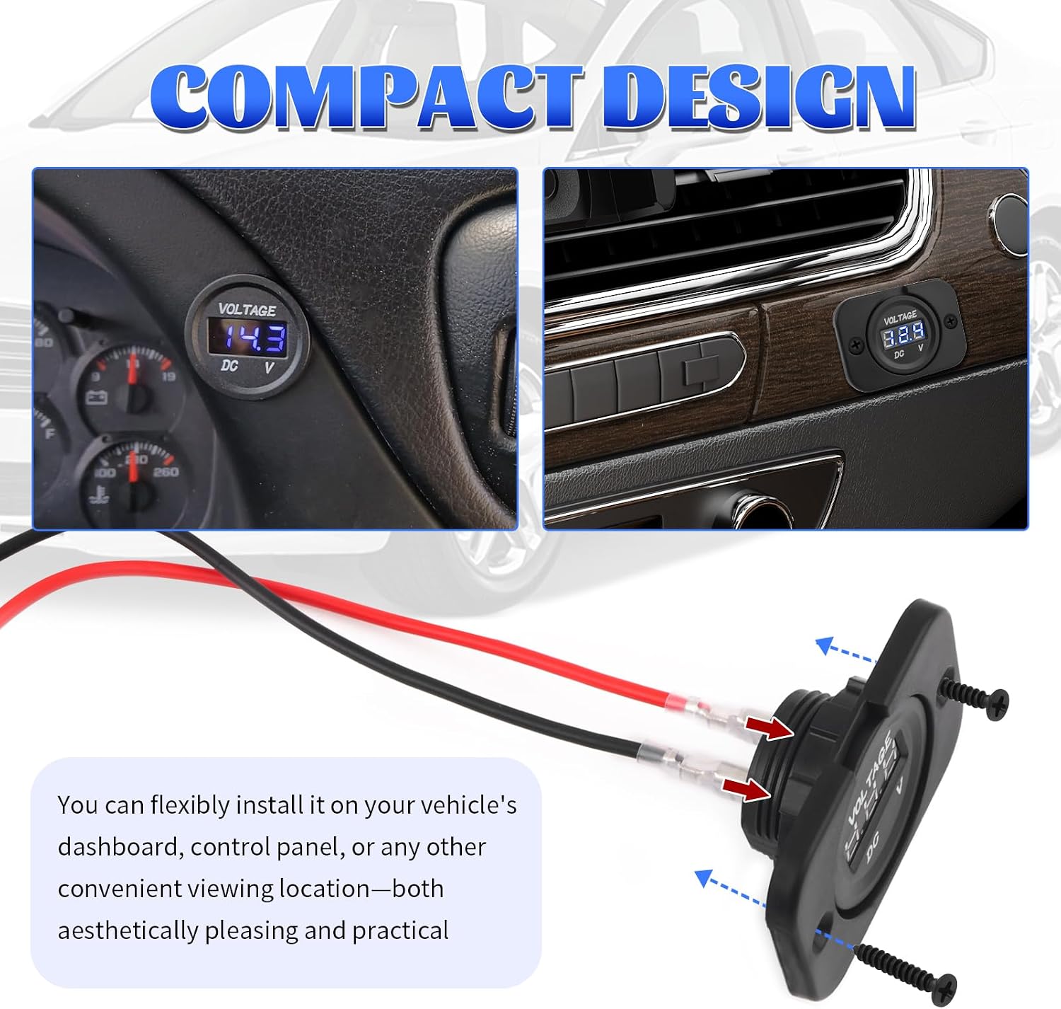 Car Battery Voltage Meter,Waterproof 12-24V Car Voltage Meters with LED Digital Display,Universal Round Volt Meter 12 Volt as Battery Monitor Gauge for Cars,RVs,SUVs