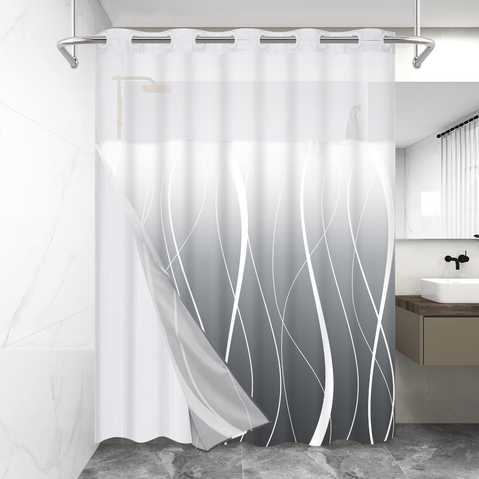 No Hook Shower Curtain with Snap in Liner Fabric with