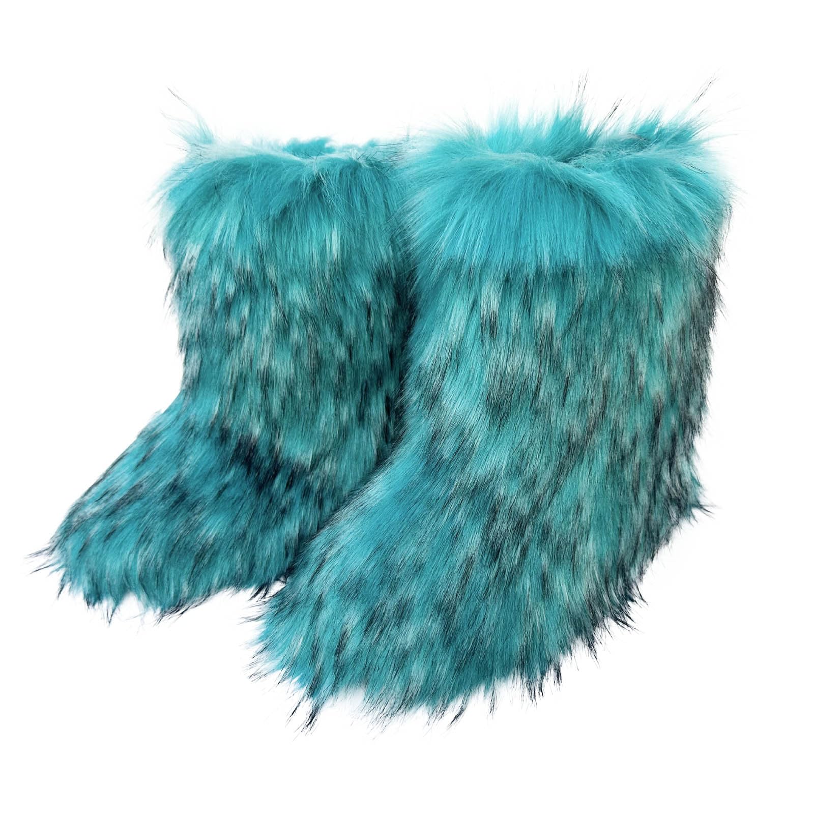 Lady Faux Fur Boot Winter Warm Furry Fluffy Slipe on Booties Round Toe Suede Snow Comfy Plush Party