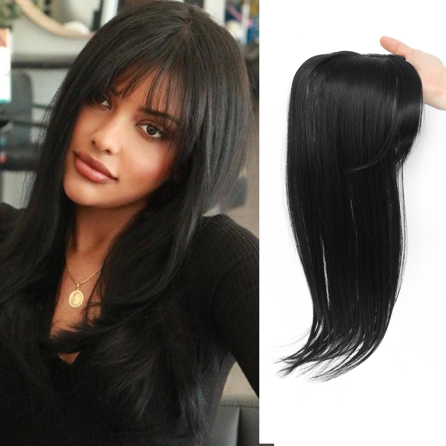 Civrie 18 inch Hair Topper for women with Bangs 3D 360° Cover Fluffy Toppers with Thinning Hair Pieces for Women Clip in Bangs with Topper Black