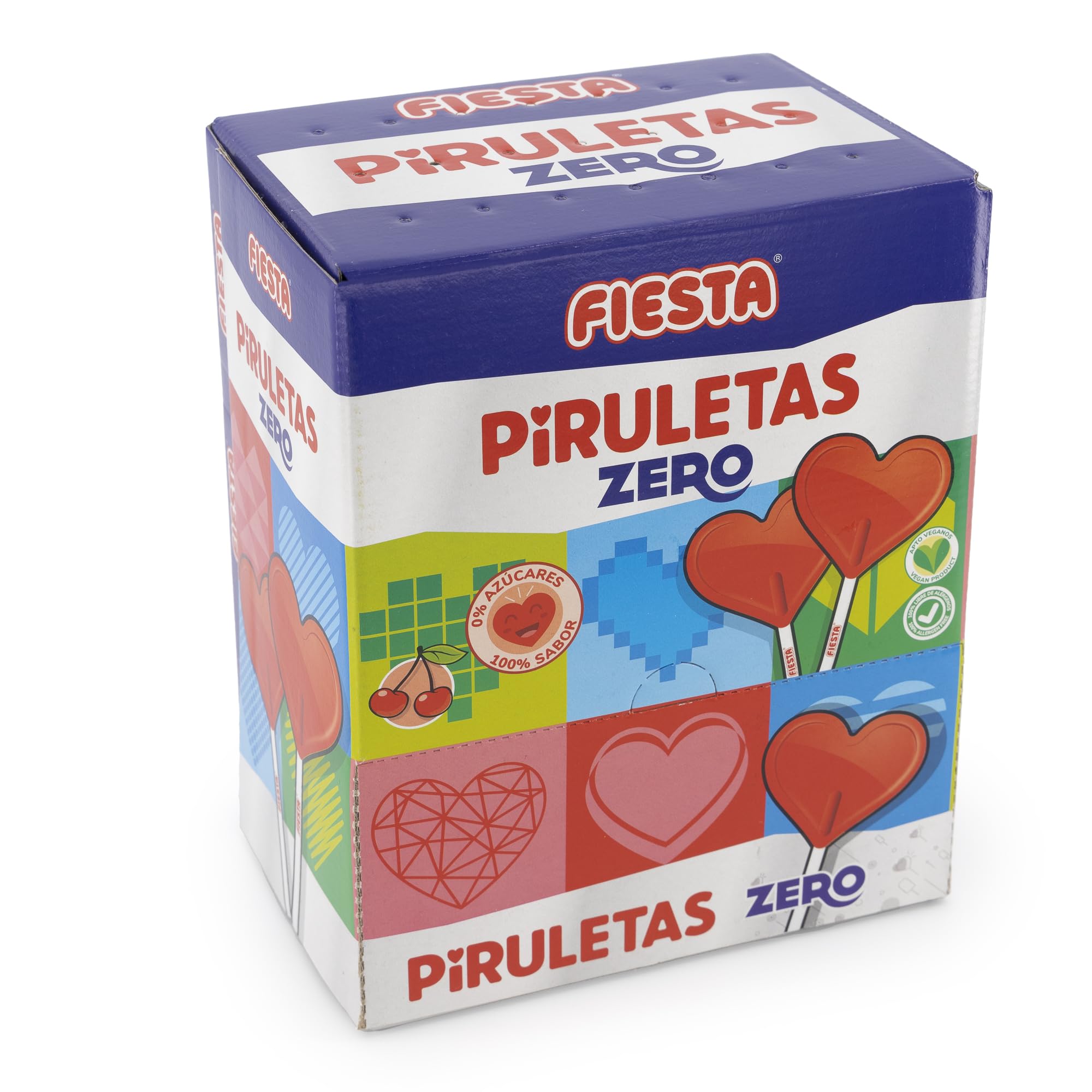 FIESTA Piruletas Zero Caramelo con Palo en Forma de Corazón Sabor Cereza - Sin Azúcar - Caja de 70 unidades