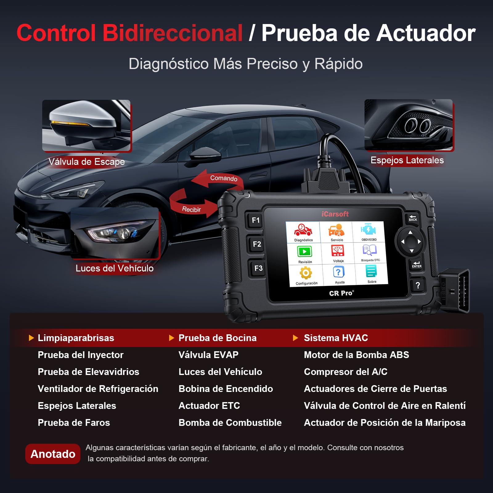 iCarsoft CR Pro+ OBD2 Máquina Diagnosis Coche Multimarca Español, Escáner de Todo el Sistema, 49 Funciones Reinicio, Bidireccional Detector Fallos Coche, Prueba de Batería, Vin Automático