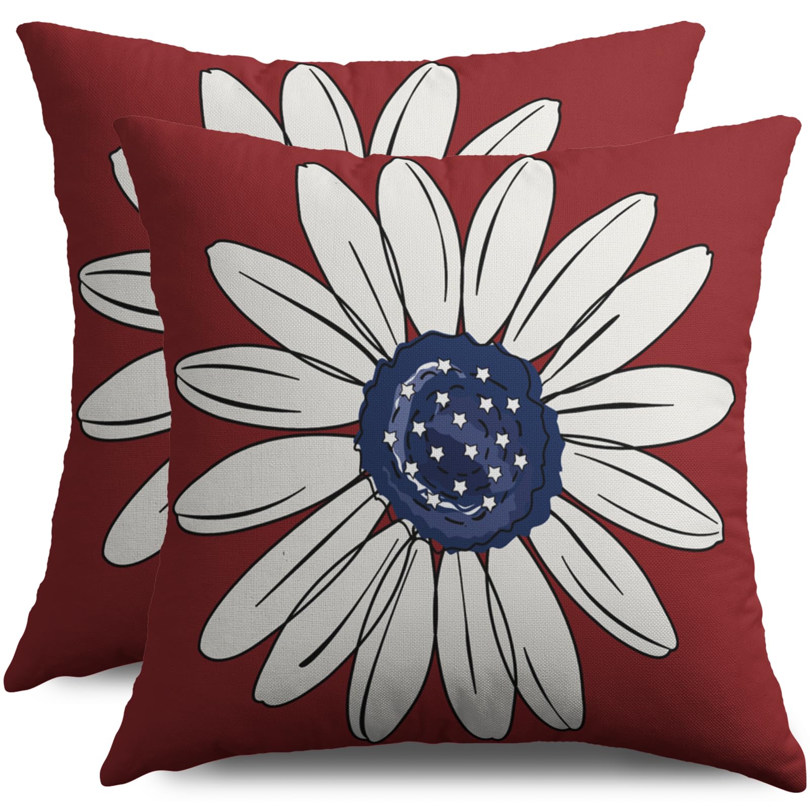 Smozenith 4th of July Patriotic Daisy Pillow Covers 16X16 Set of 2, Red Blue White Flower Decorative Throw Pillow Covers Outdoor Farmhouse Memorial