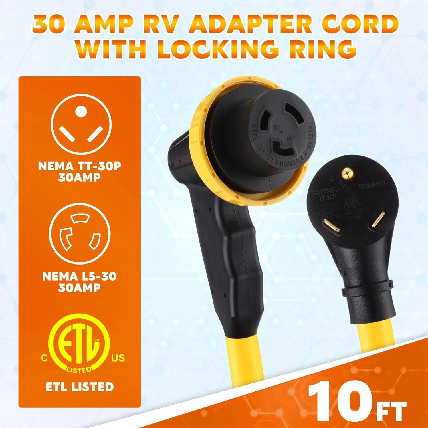 Kanayu 10ft 30 Amp RV Adapter RV Extension Cord with Locking Connector Plug NEMA TT-30P to L5-30R, Generator Extension Power Cord Adapter Plug with 90° Grip Handle, 10AWG/3C STW, ETL Listed