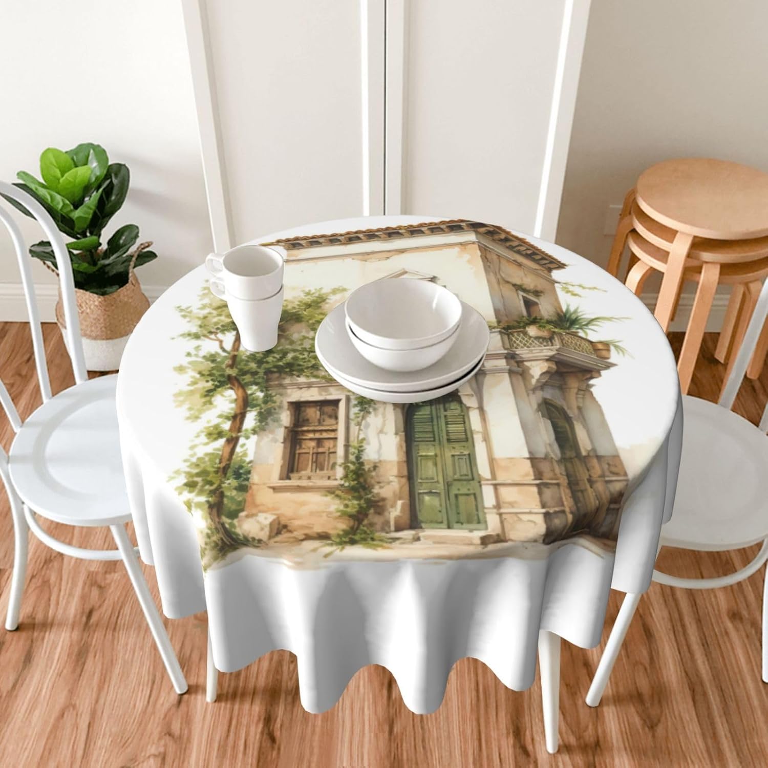 Antique Building with Roman Olive Branch and Greek Print Wrinkle Free Dining Table Cover for Birthday Party Farmhouse Tablecloths Up to 60 x 60 Inches