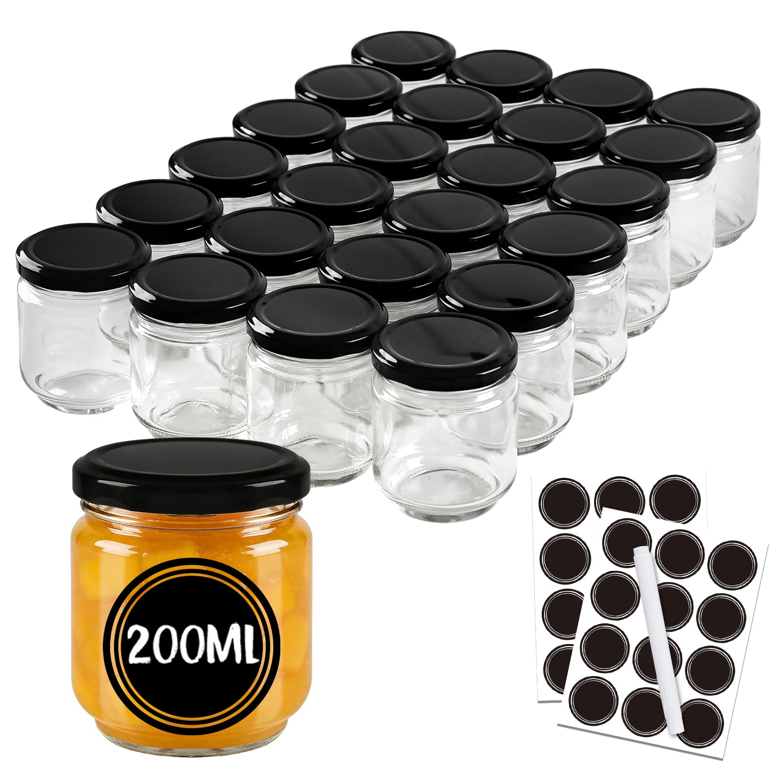 24 Stück Einmachgläser mit Schraubdeckel 200ml, Marmeladengläser Klein mit Deckel, Spülmaschinenfeste Luftdichte Dessertgläser,Schraubgläser mit Etiketten & Stift,für Marmelade,Eingemachtes