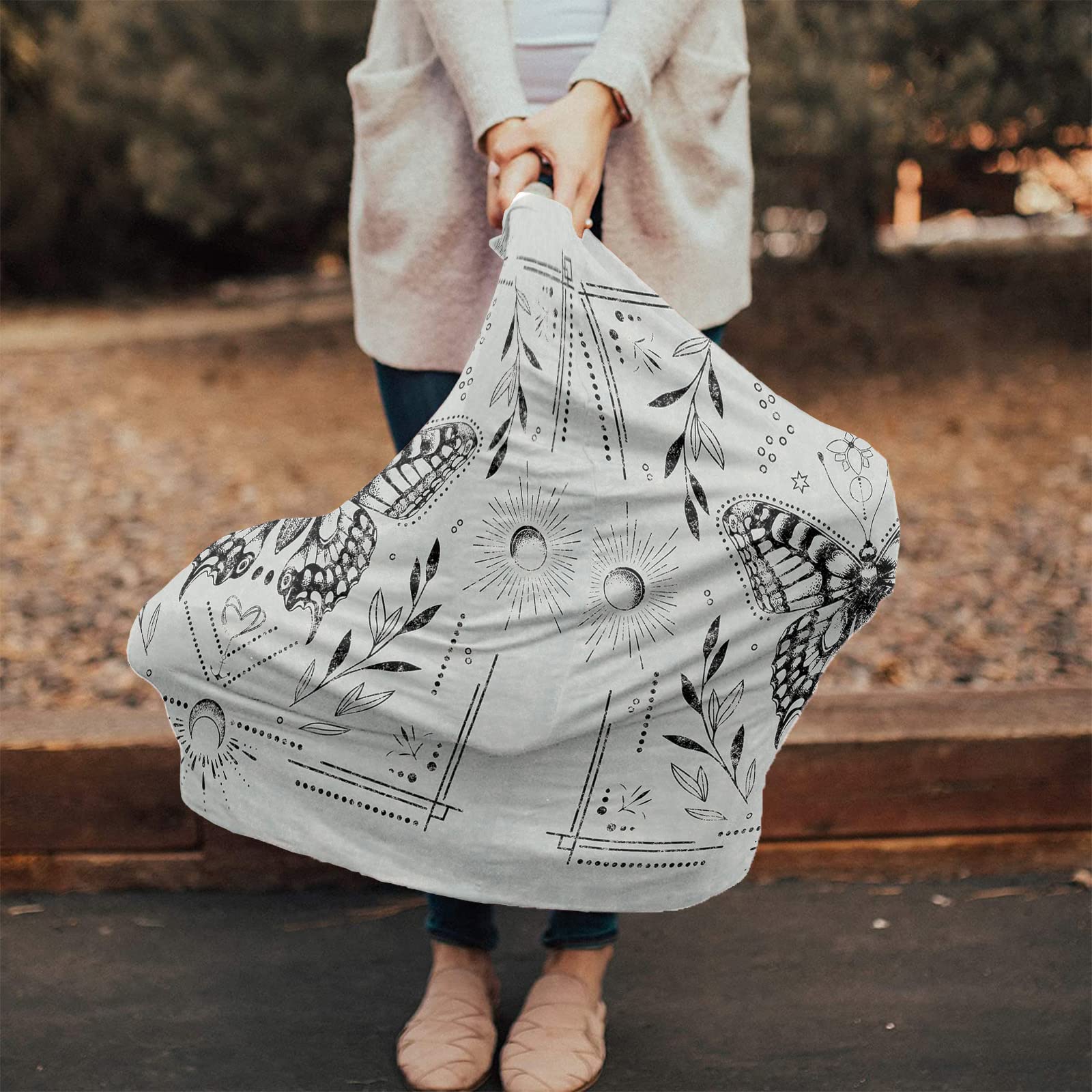 Nursing Cover for Breastfeeding Scarf, Sun Flowers Butterflies Grey Baby Car Covers Super Soft Multi Use for Canopy Shopping Cart Cover Blanket Stroller Cover