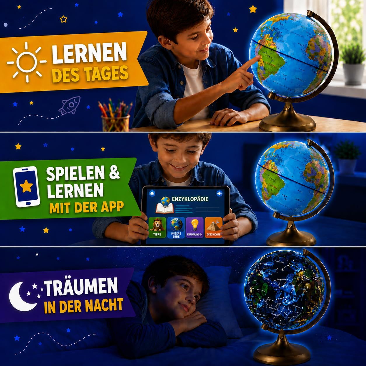 BIG MINDS - Globus Kinder Auf Englisch | Kinder Globus | Kinderglobus Beleuchtet Mit LED-Licht | Kinderglobus Mit Nachtmodus & Tag-modus | Interaktiver Globus Inklusive App