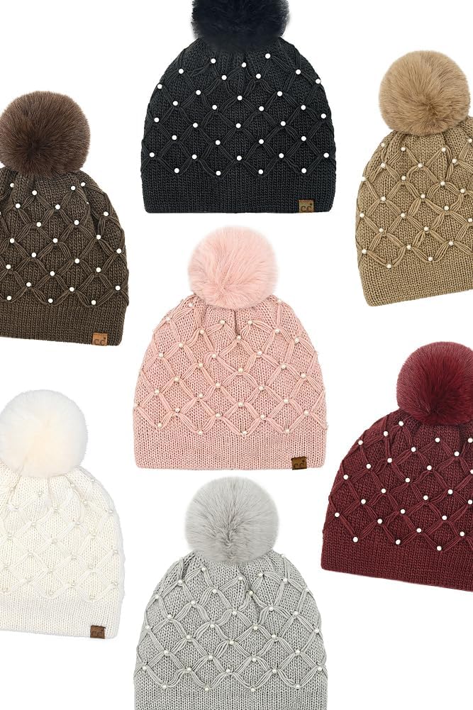 ScarvesMe Soft Warm All Over Pearl Crochet Pom Beanie Winter Hat