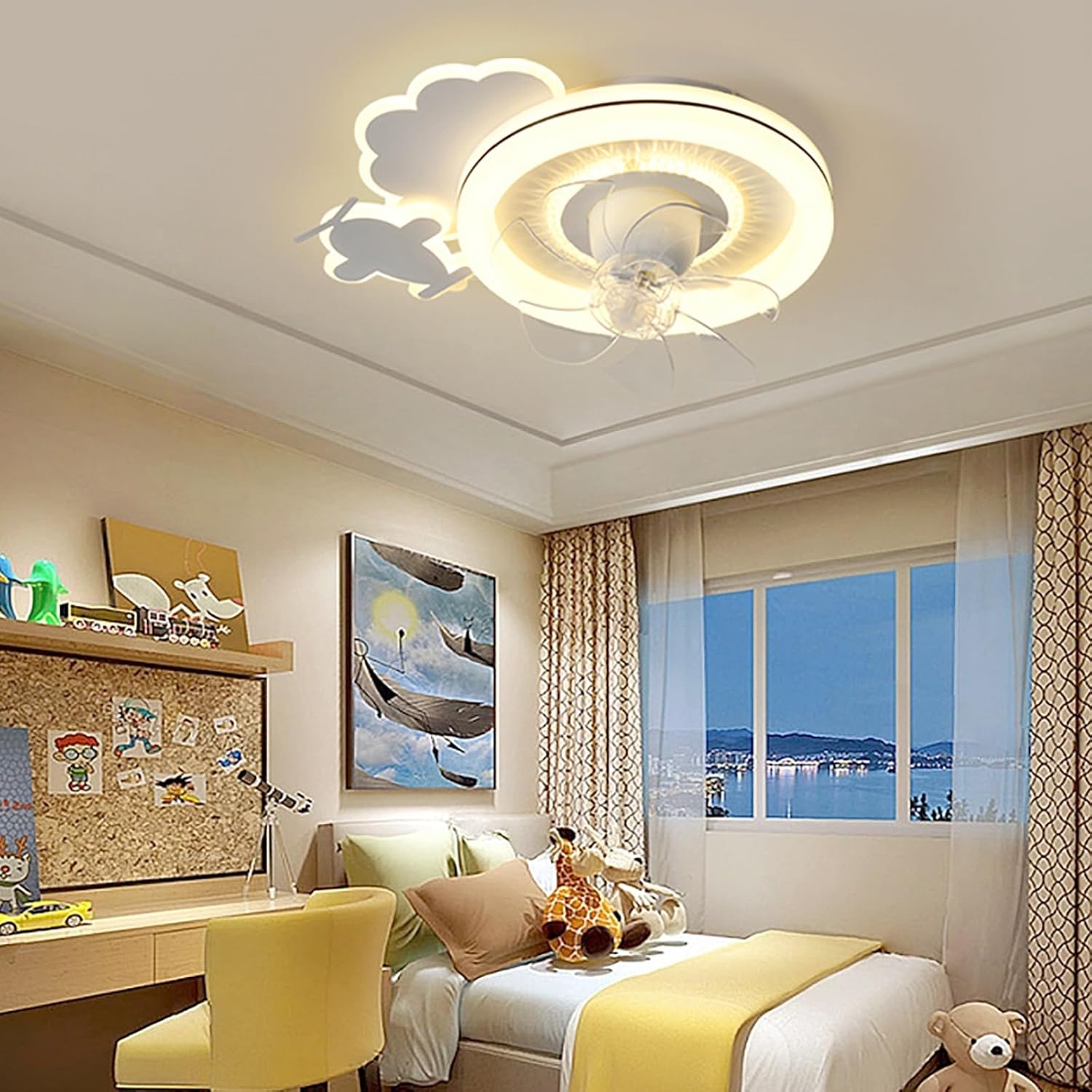 Dimmable Ceiling Light 360 Degree Shaking Head Creative Ceiling Lamp Boys Room Fan Ceiling Light with Remote Control Ceiling Fans with Lights Modern Intelligent Mute Princess Room (Pink)