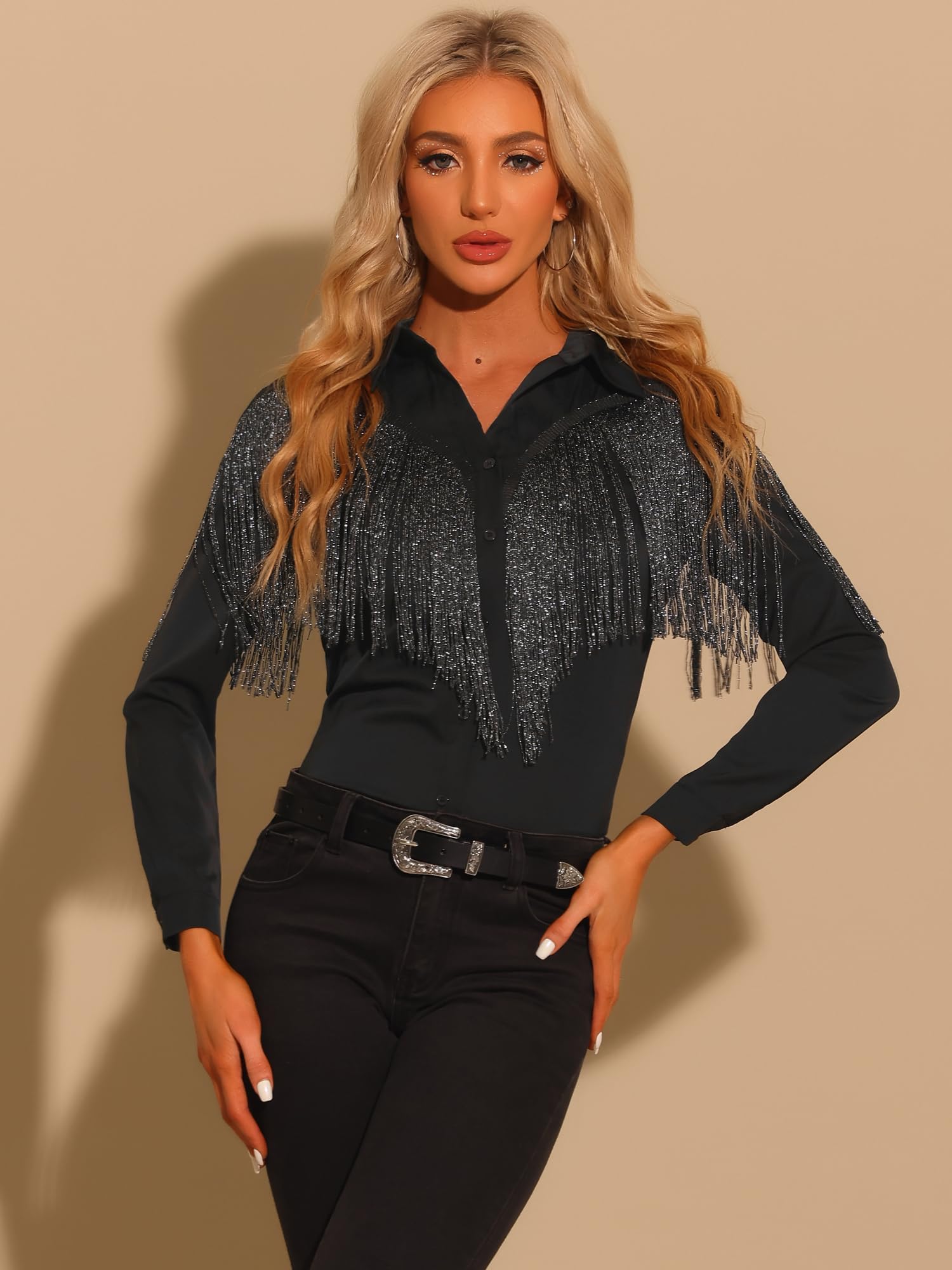 Allegra K Damen Westernbluse mit Fransen, langärmelig, Button-Down, Disco, Cowgirl-Shirts