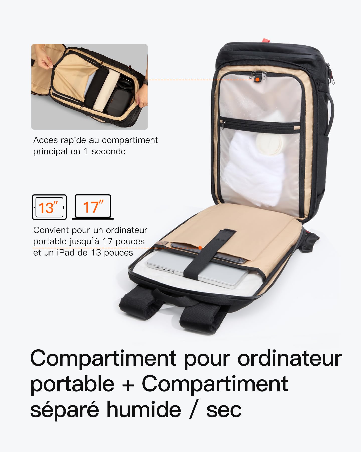 Inateck Sac à Dos Voyage et Affaires 40L Grand Capacité, Noir | Accès Rapide TSA, Rangement Multifonction, Pour 17" PC, Resistant a l’Eau, Anti-Vol, Sac Cabine Business