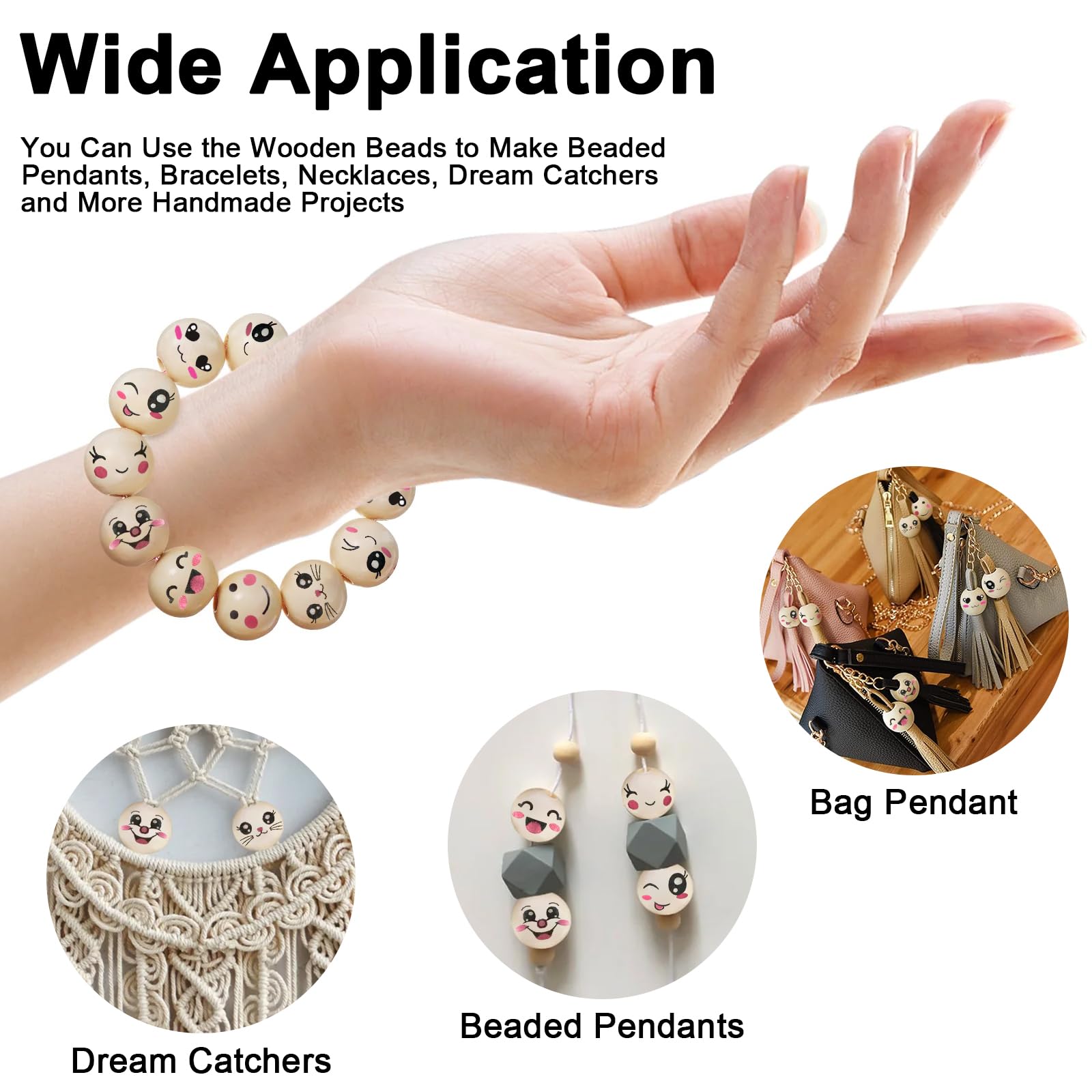 80 Perline Di Legno Con Faccine - 20mm, Per Bracciali, Collane, Fai Da Te - Foto 6