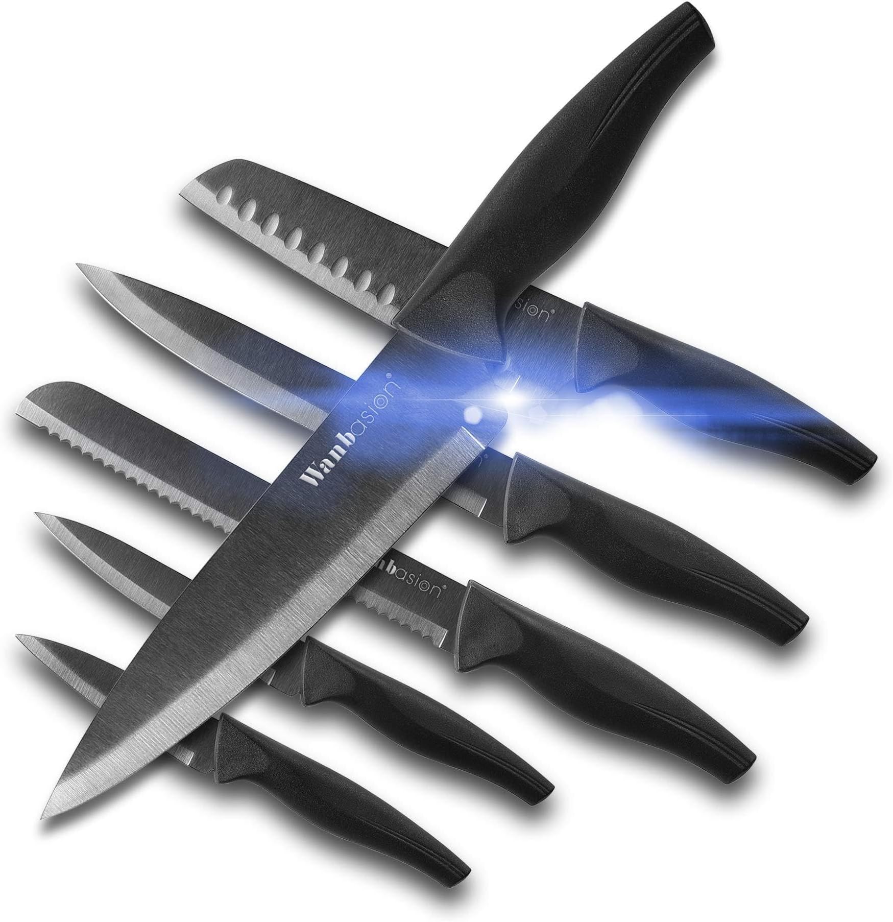 Wanbasion 12 Pieces Matte Black Titanium Plated Knife Set Stainless Steel Forged Kitchen Knife Set - Sharp Professional Knife Set with Sheath, Scratch Resistant & Rust Proof, For Chef Cooking Paring