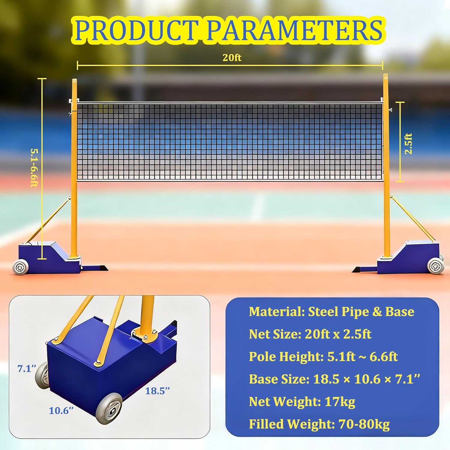 Upgraded Badminton/Soft Volleyball Poles with Adjustable Height (5.1-6.9ft), Portable Wheels & Steel Base, Suitable for Backyard, Beach Park, Outdoor Indoor Games