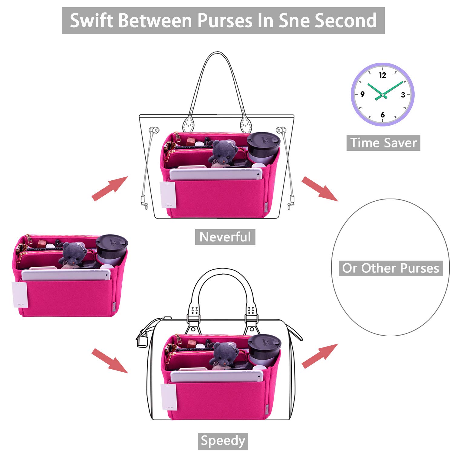 ZTUJO Organizador de bolso, organizador de bolsa de fieltro para LV Speedy, Neverfull, Graceful, Neverfull, Tote, Bolso, Shaper, Rojo (Rosado), Medium