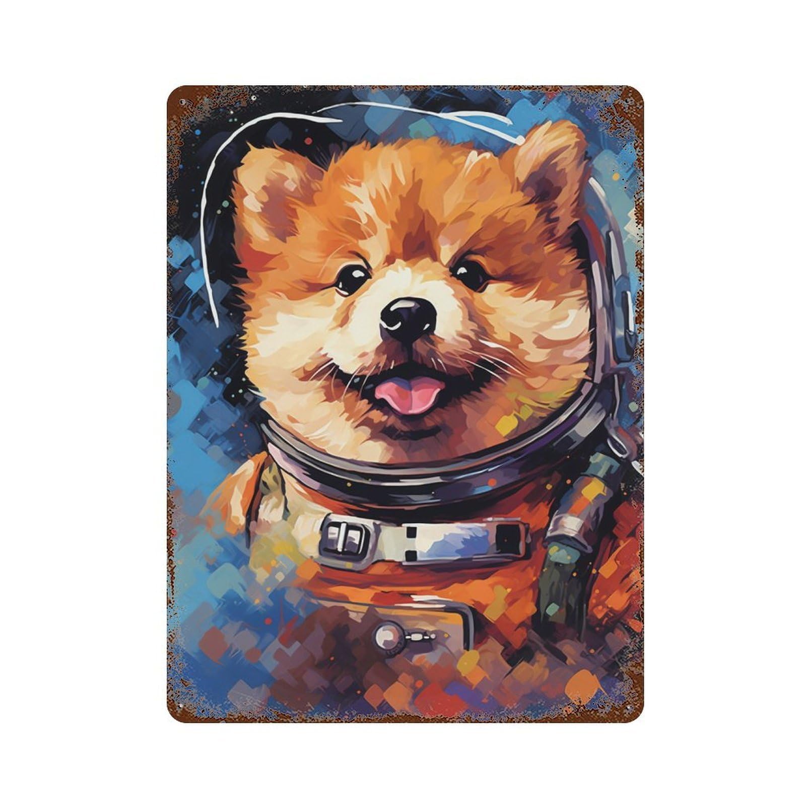 Weathered Tin Sign Space Pup Adventure -11 15.7"x11.8", Rustic Home Decor for Basement, Hobby Room And Garage Decor
