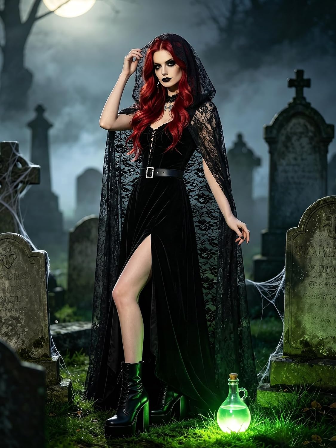 Long Black Lace Vampire Hooded Cape Gothic Witch Sheer Cloak
